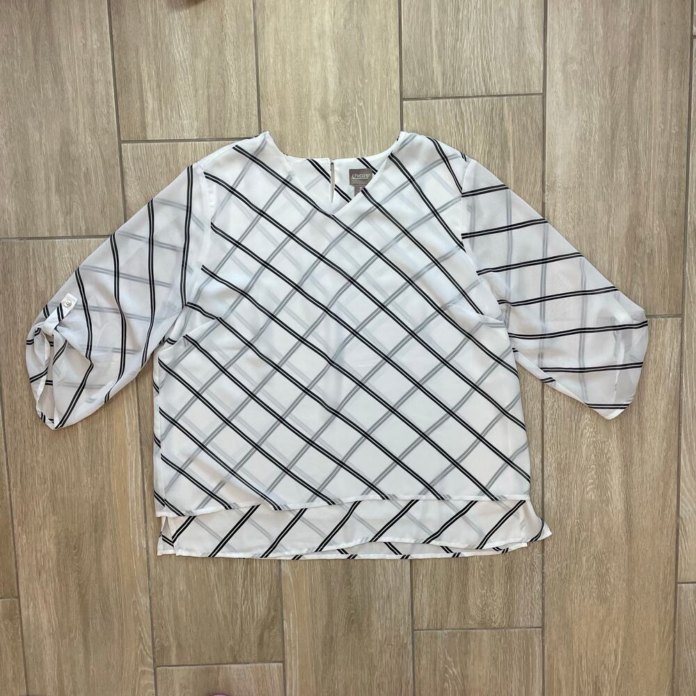 Chico’s Size 3 White Black Diagonal Stripe 3/4 Sleeve Top Blouse XL